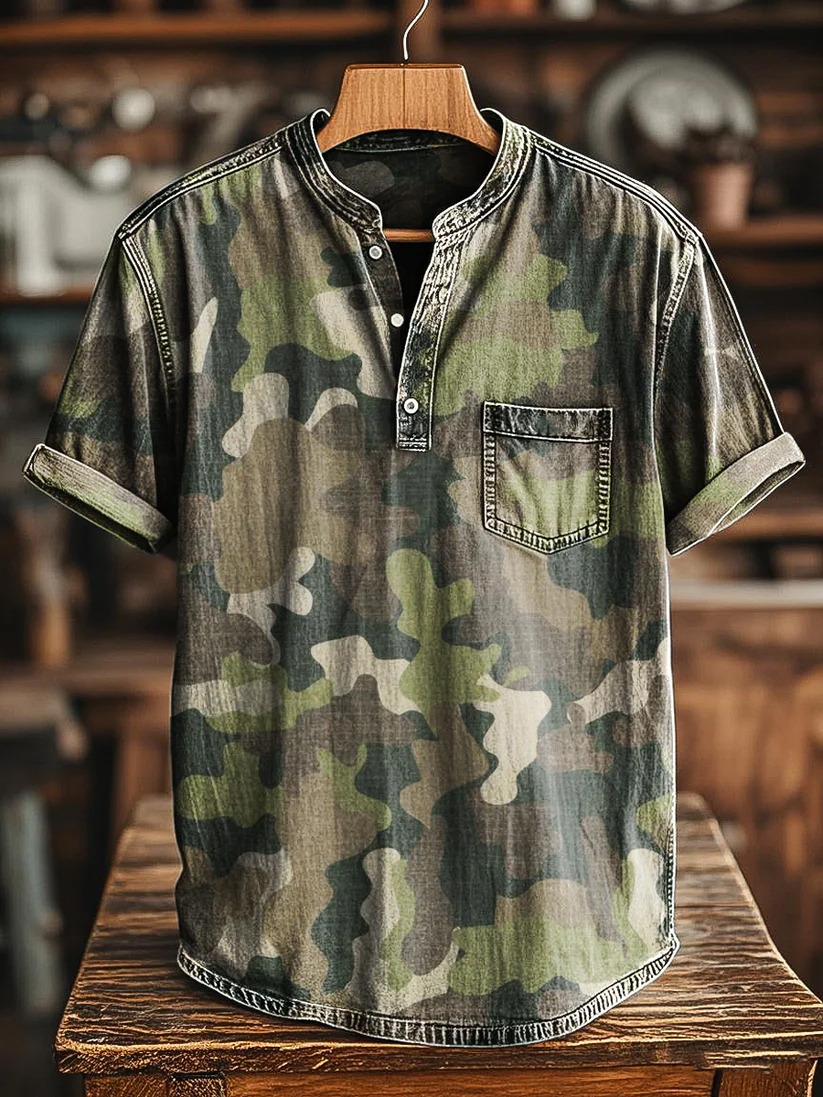 Abstract Camouflage Art Print Casual Henley T-Shirt