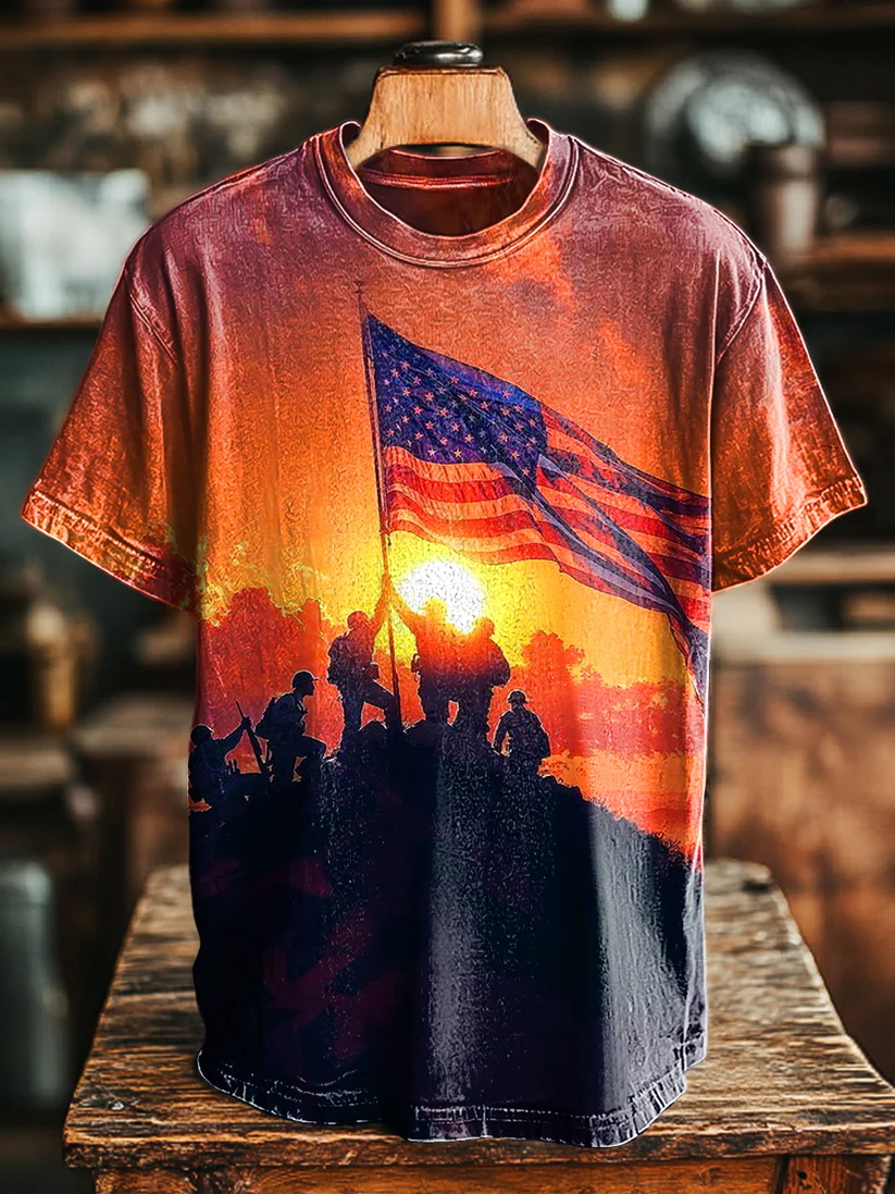 Vintage Flag Sunset Print Casual T-Shirt