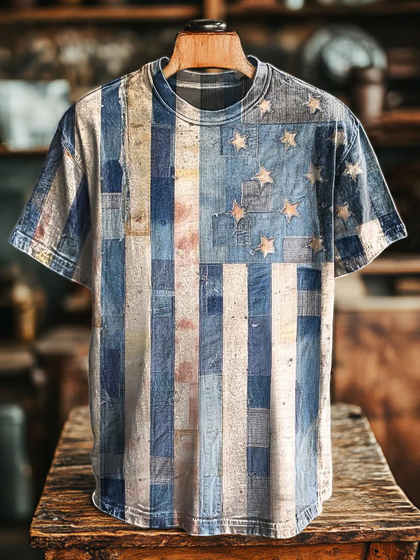 Vintage Aged Abstract Flag Print Casual T-Shirt