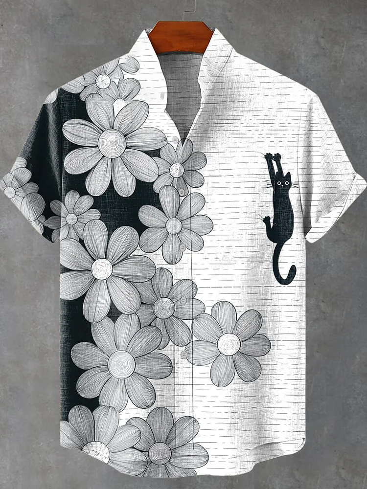 Funny Cat Flower Pattern Art Print Casual Shirt