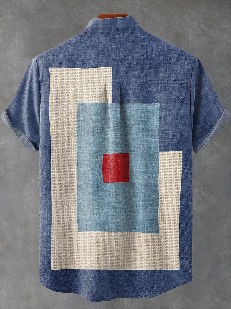 Blue Retro Minimalist Square Geometry Print Casual Shirt