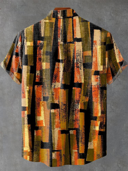 Yellow Retro Geometric Stripes Print Casual Shirt