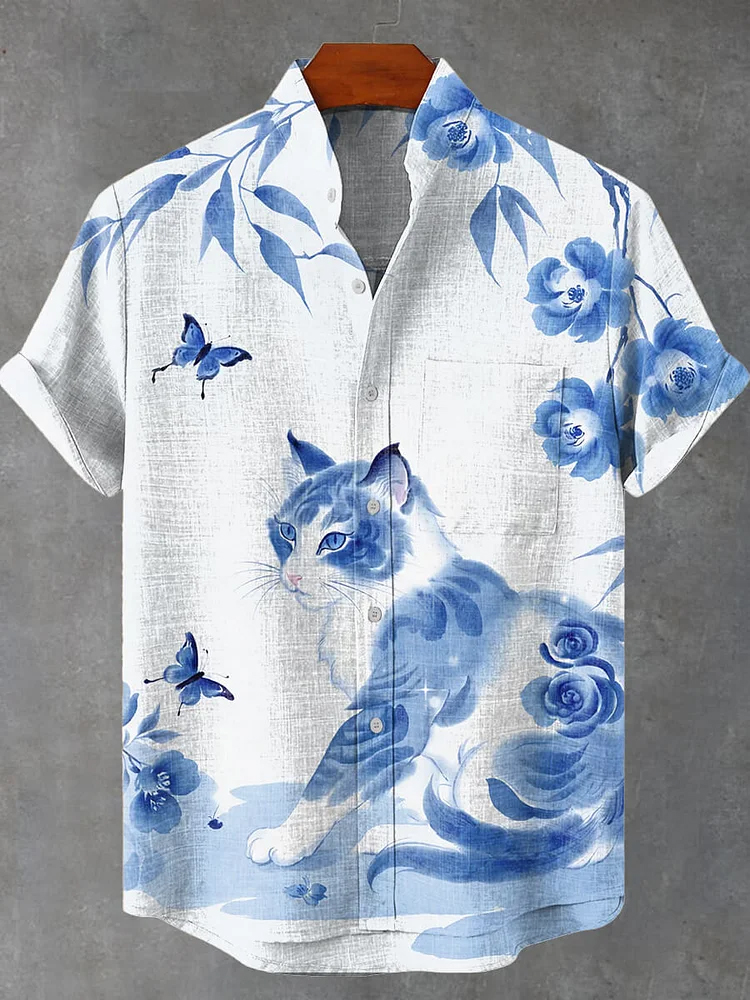 Abstract Cat Flowers Pattern Art Print Casual Shirt