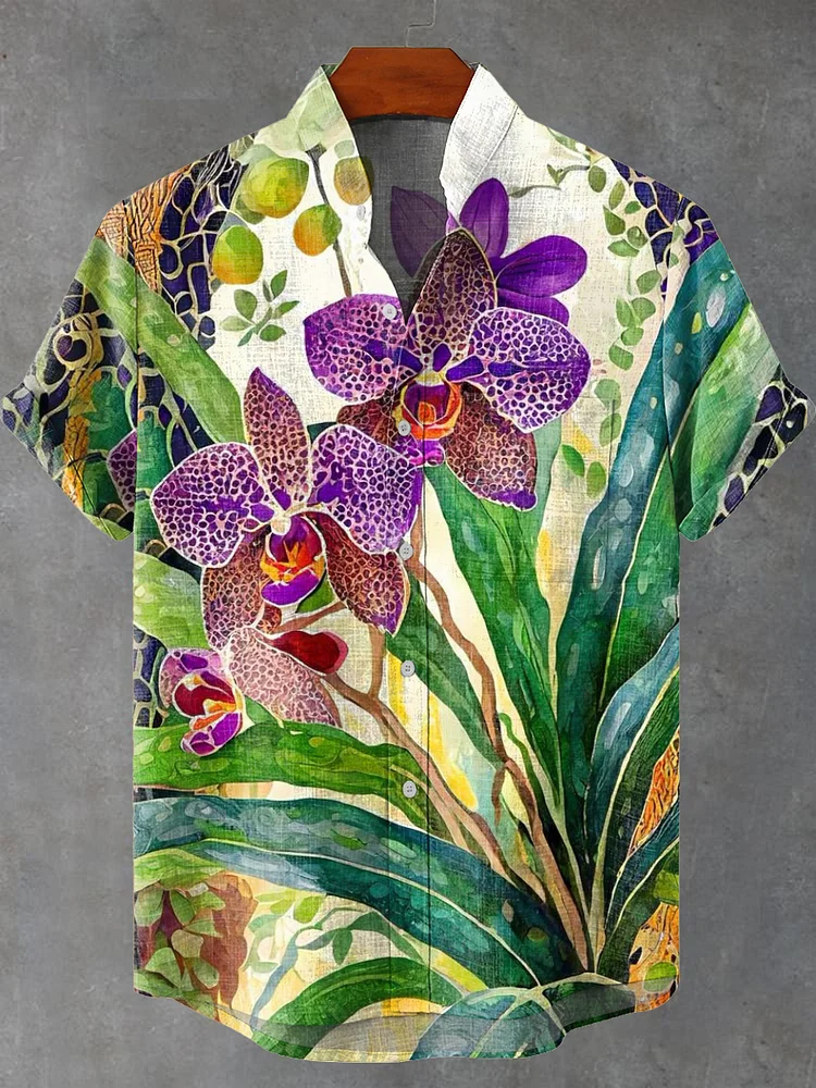 Vintage Purple Orchid Print Casual Shirt