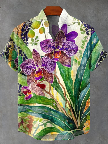 Vintage Purple Orchid Print Casual Shirt