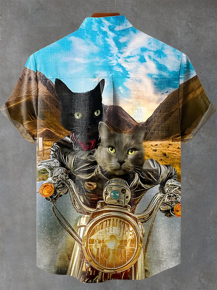 Vintage Cat Motorcycle Fun Art Print Casual Shirt
