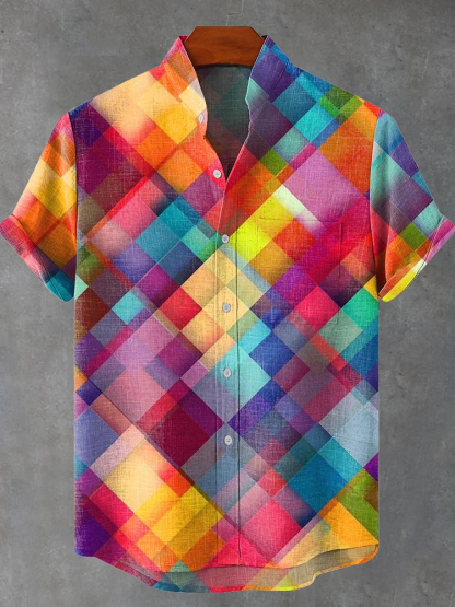 Colorful Retro Geometric Squares Print Casual Shirt