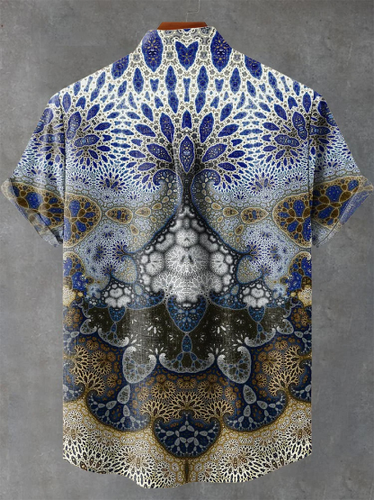 Ethnic Blue Symmetrical Pattern Print Casual Shirt