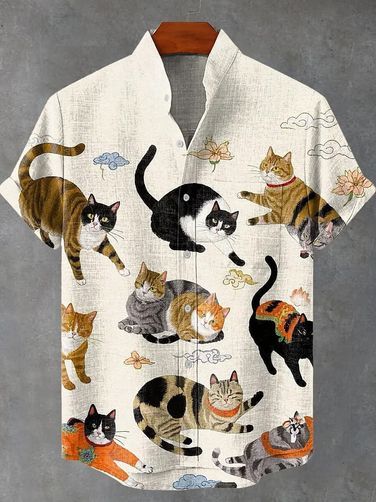 Vintage Funny Cat Pattern Art Print Casual Shirt