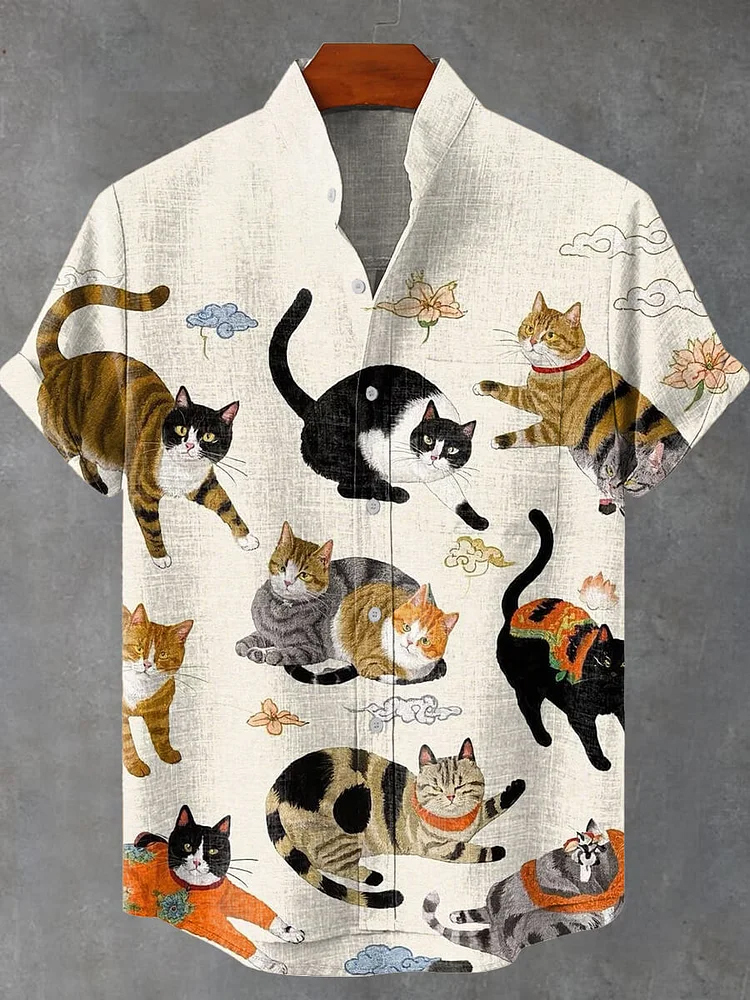 Vintage Funny Cat Pattern Art Print Casual Shirt