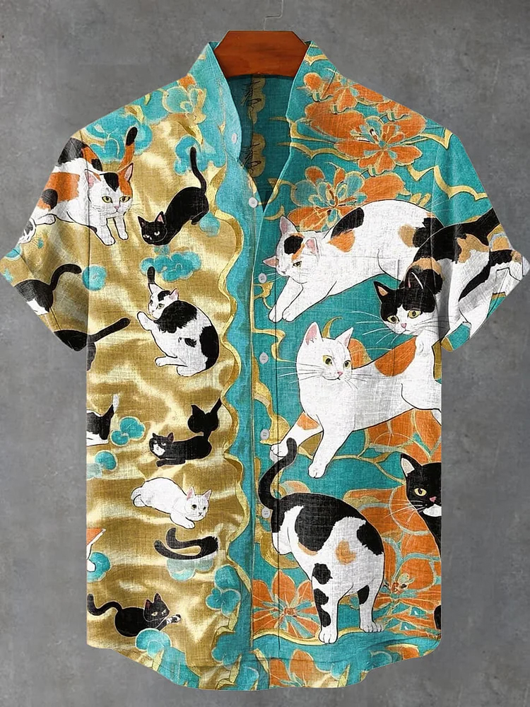 Vintage Funny Cat Pattern Art Print Casual Shirt