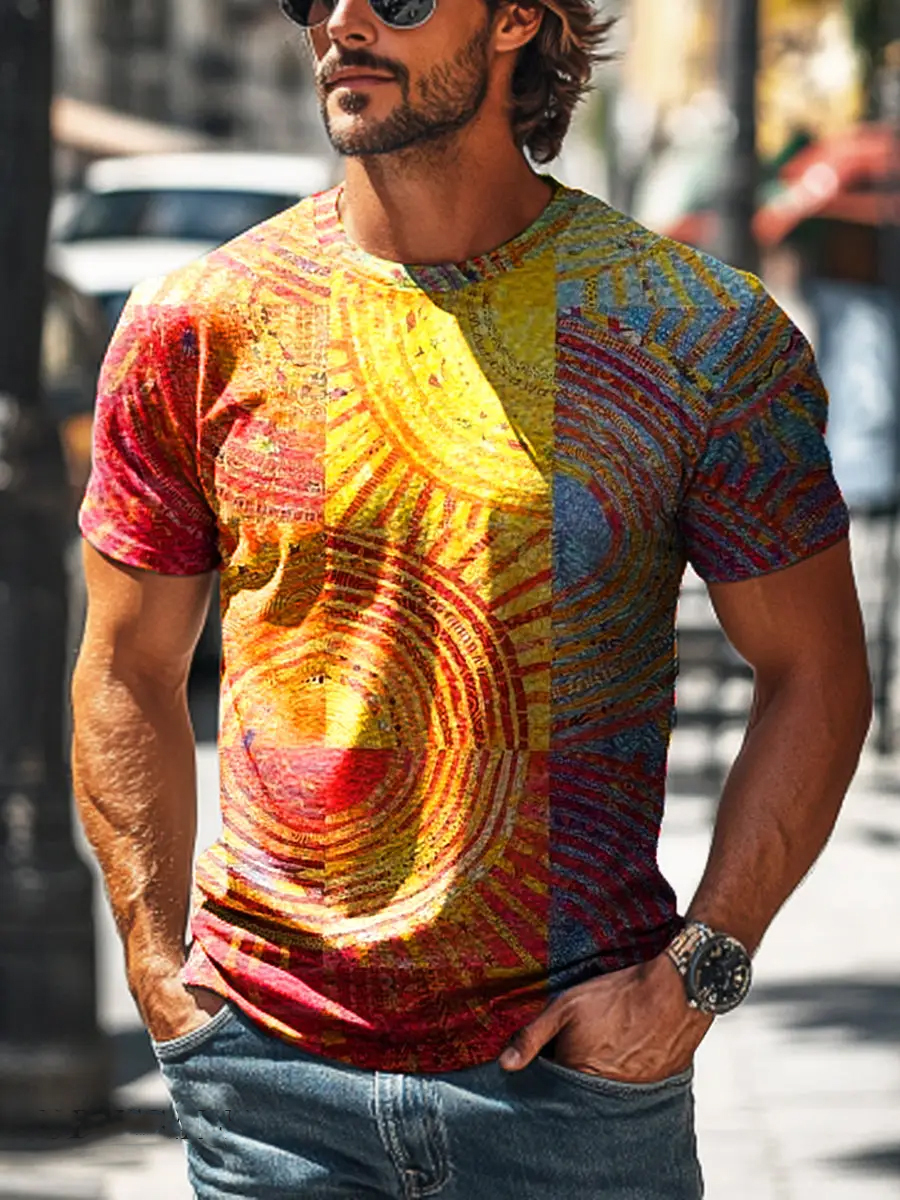 Retro Abstract Sun Print Cotton Blend Short Sleeve T-Shirt