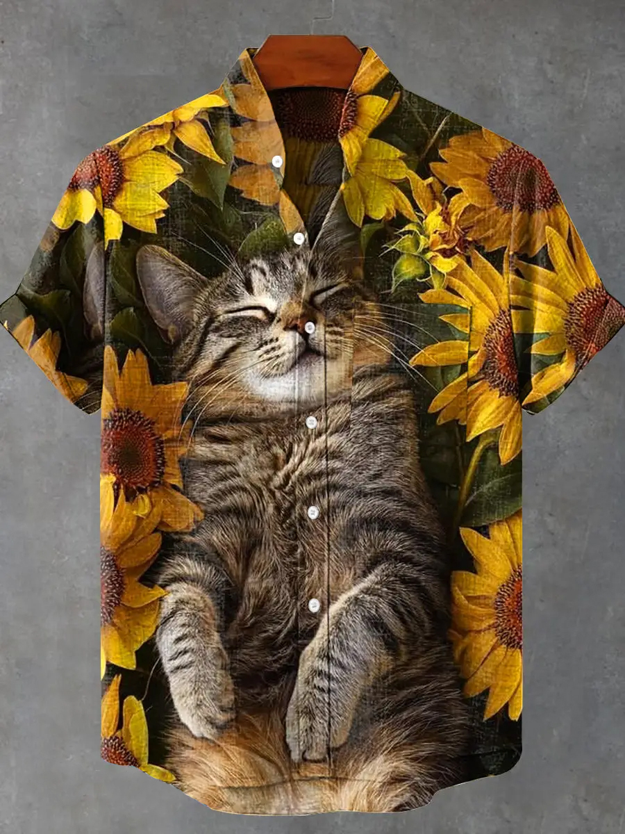 Vintage Sunflower Black Cat Print Shirt