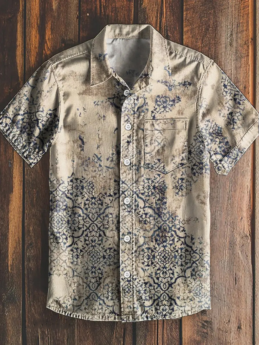 Vintage Ethnic Geometric Print Short Sleeve Shirt