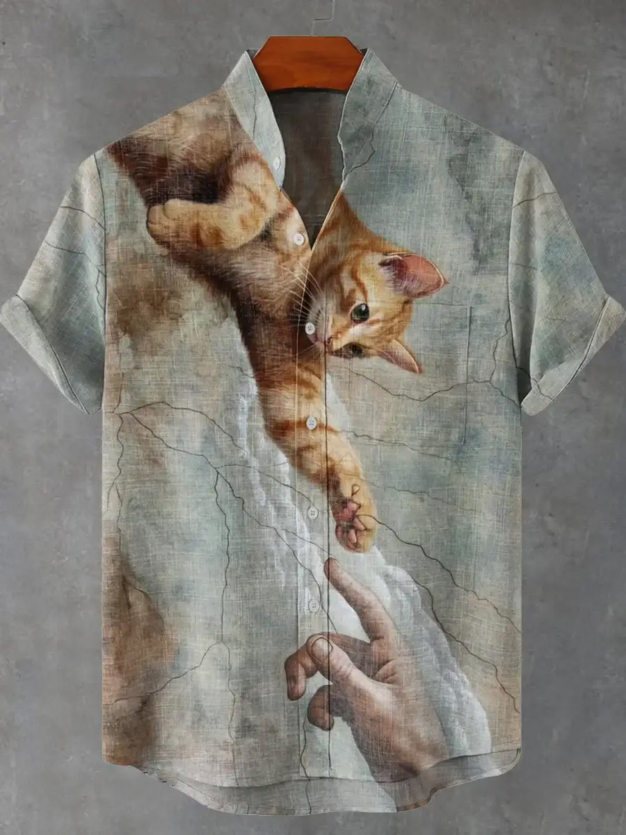 Vintage Retro Cat Art Print Short Sleeve Shirt