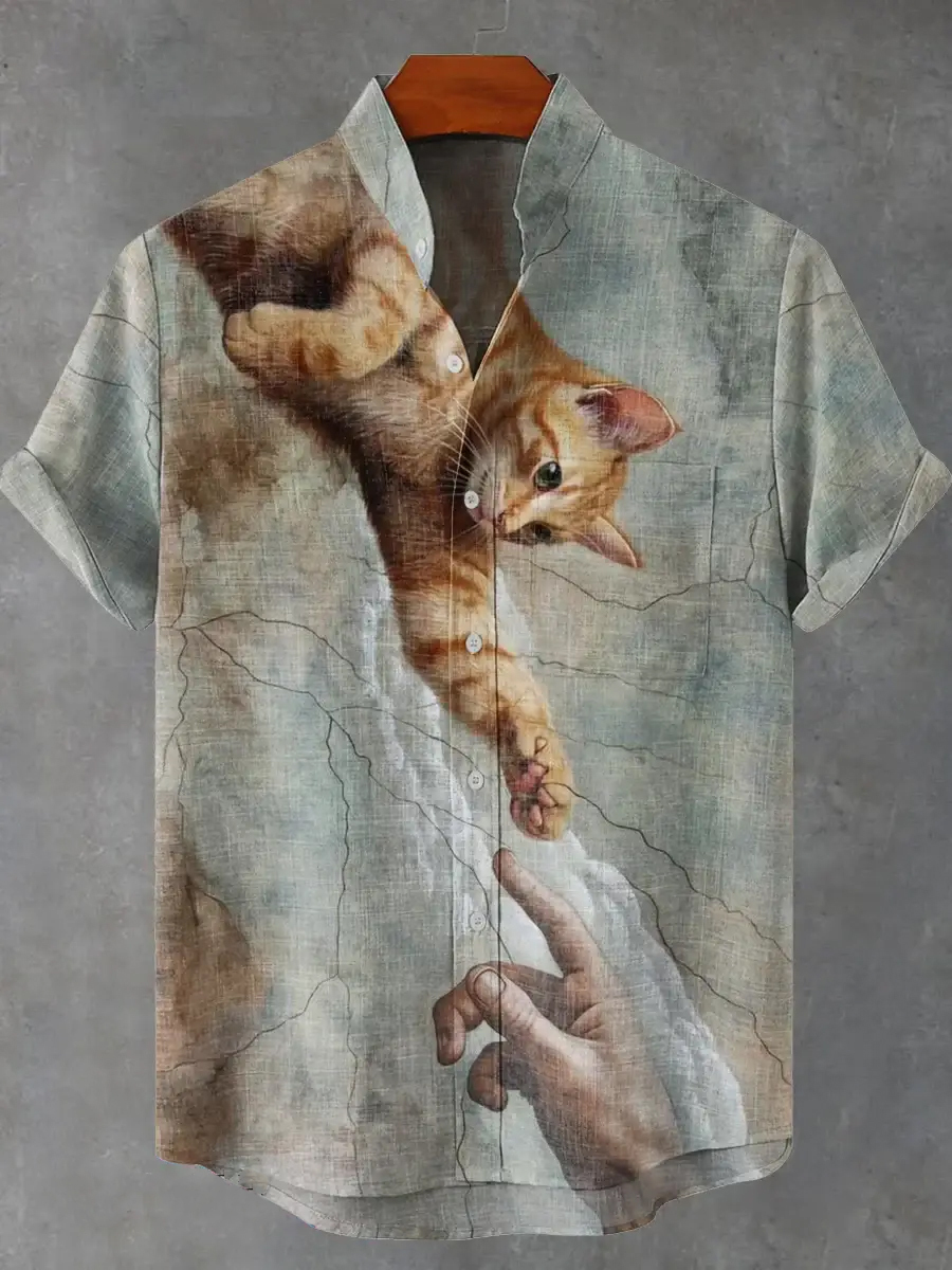Vintage Retro Cat Art Print Short Sleeve Shirt