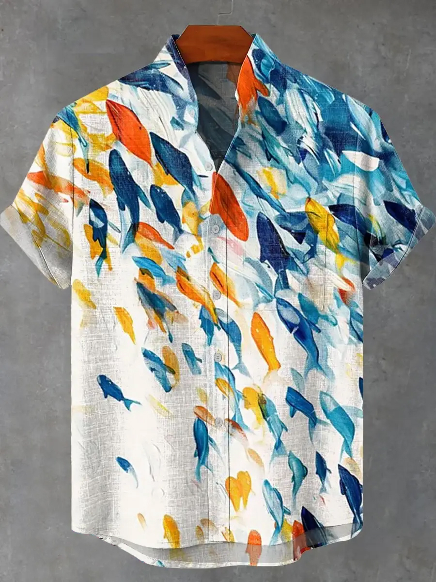 Colorful Artistic Fish Sketch Linen Shirt