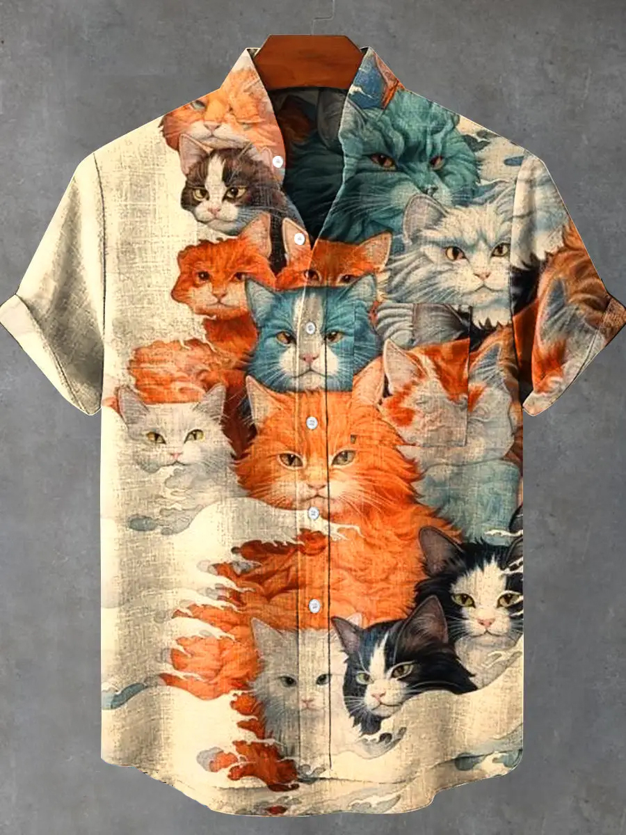 Vintage Cat Art Print Casual Shirt​