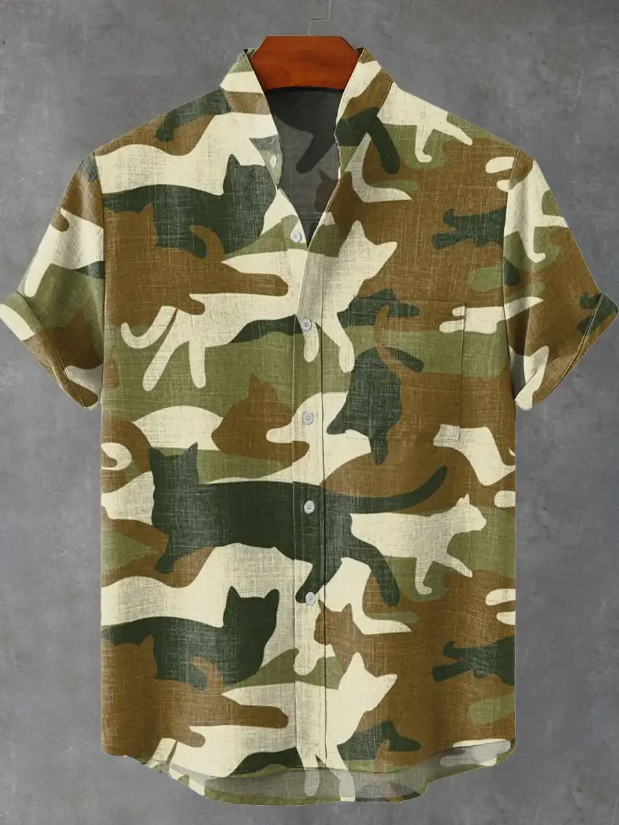 Tropical Camouflage Cat Print Short Sleeve Shirt