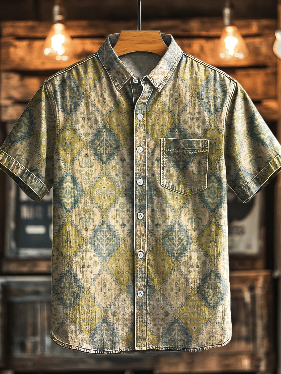 Vintage Ethnic Geometric Print Short Sleeve Shirt