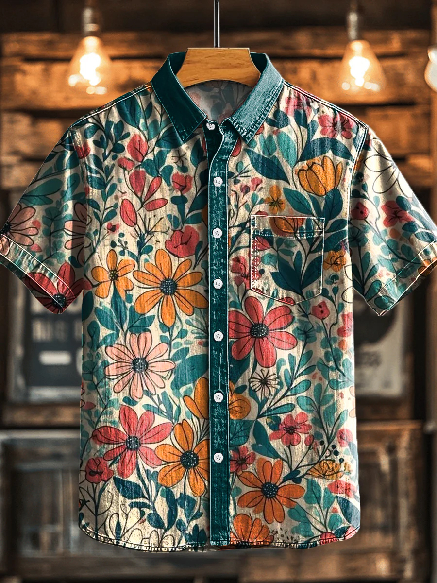 Vintage Floral Print Short Sleeve Casual Shirt