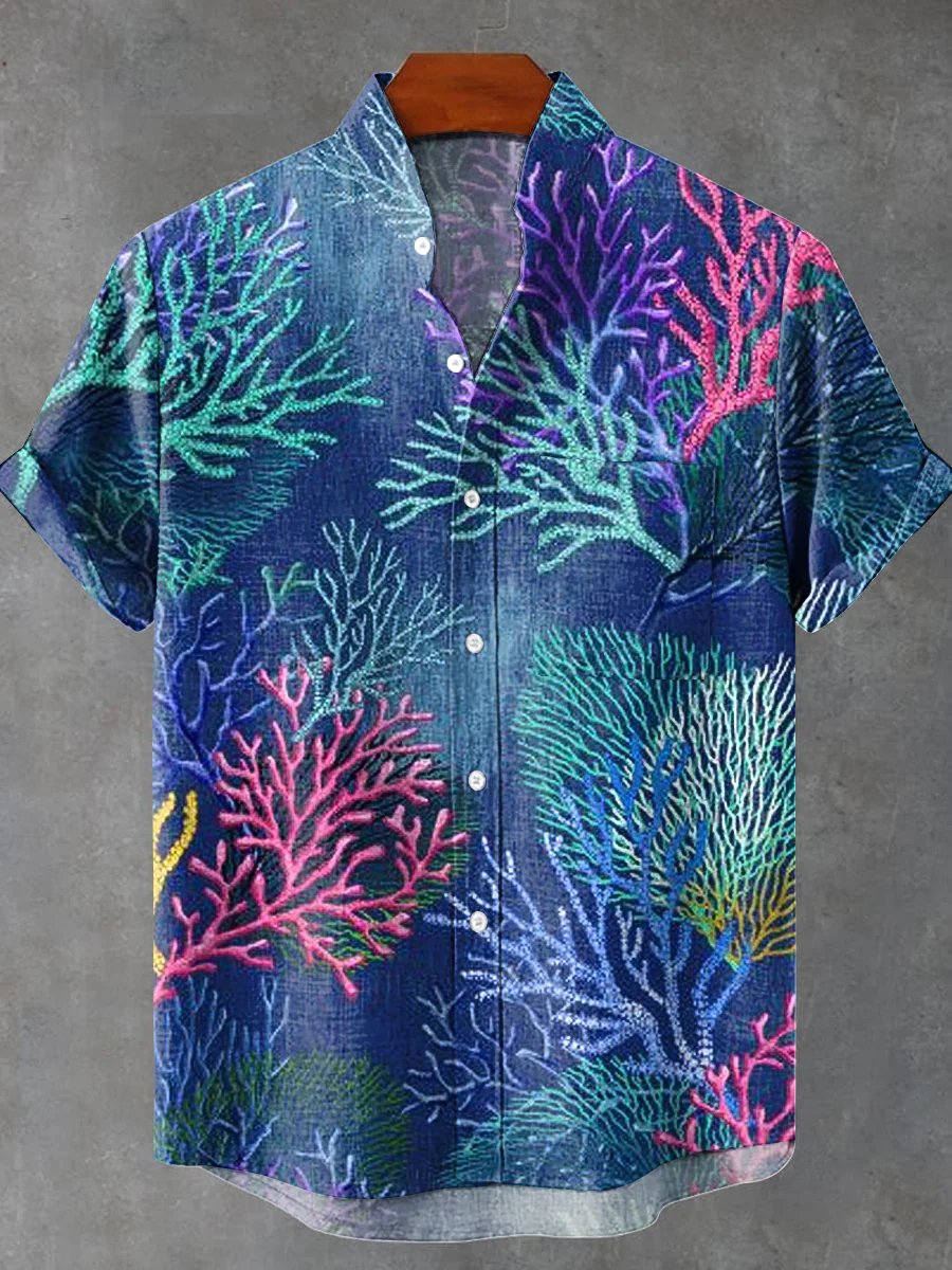 ​Vintage Coral Reef Print Short Sleeve Shirt