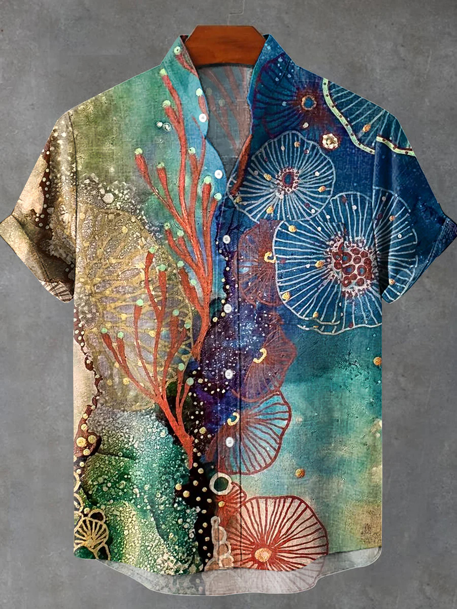Vintage Ocean Life Botanical Print Short Sleeve Shirt