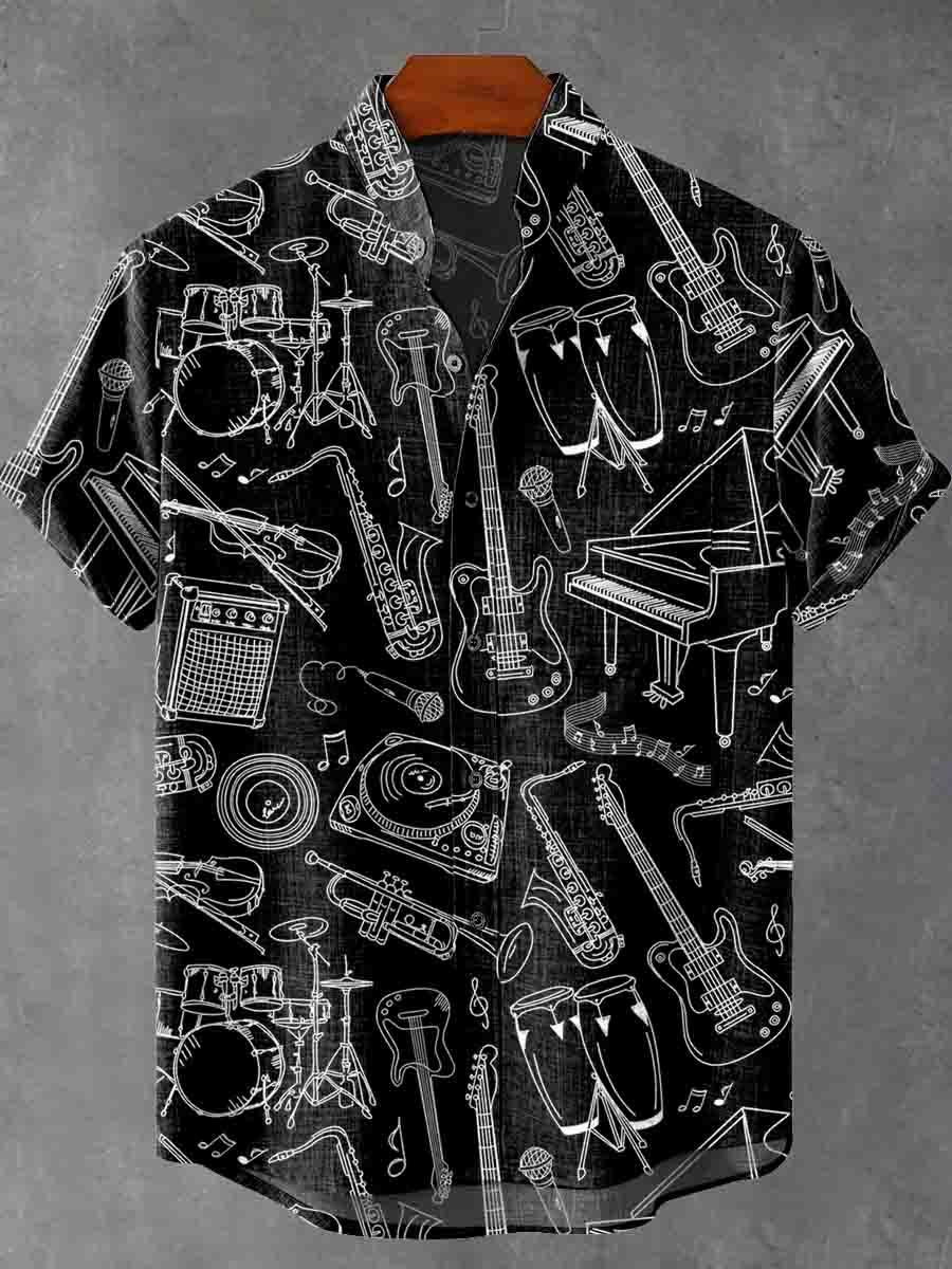 Black White Musical Instruments Line Art Pattern Short Sleeve Casual S
