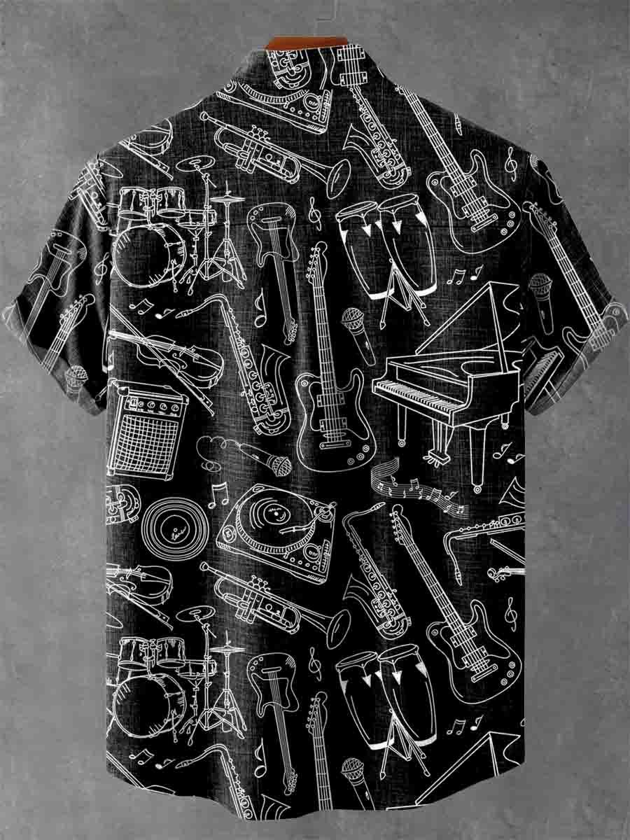 Black White Musical Instruments Line Art Pattern Short Sleeve Casual Shir