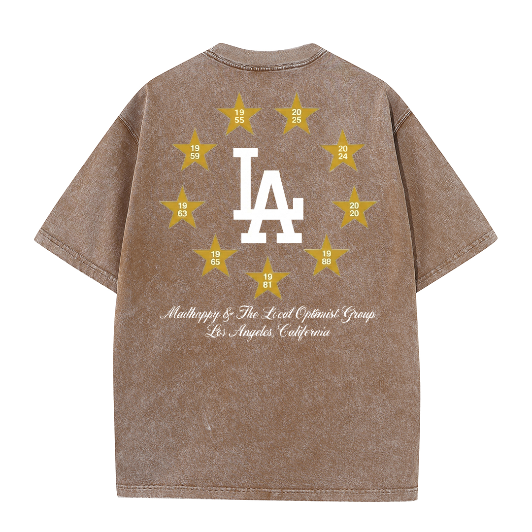 Los Angeles Script & Star Circle Graphic Tee – Vintage Washed Streetwear T-Shirt