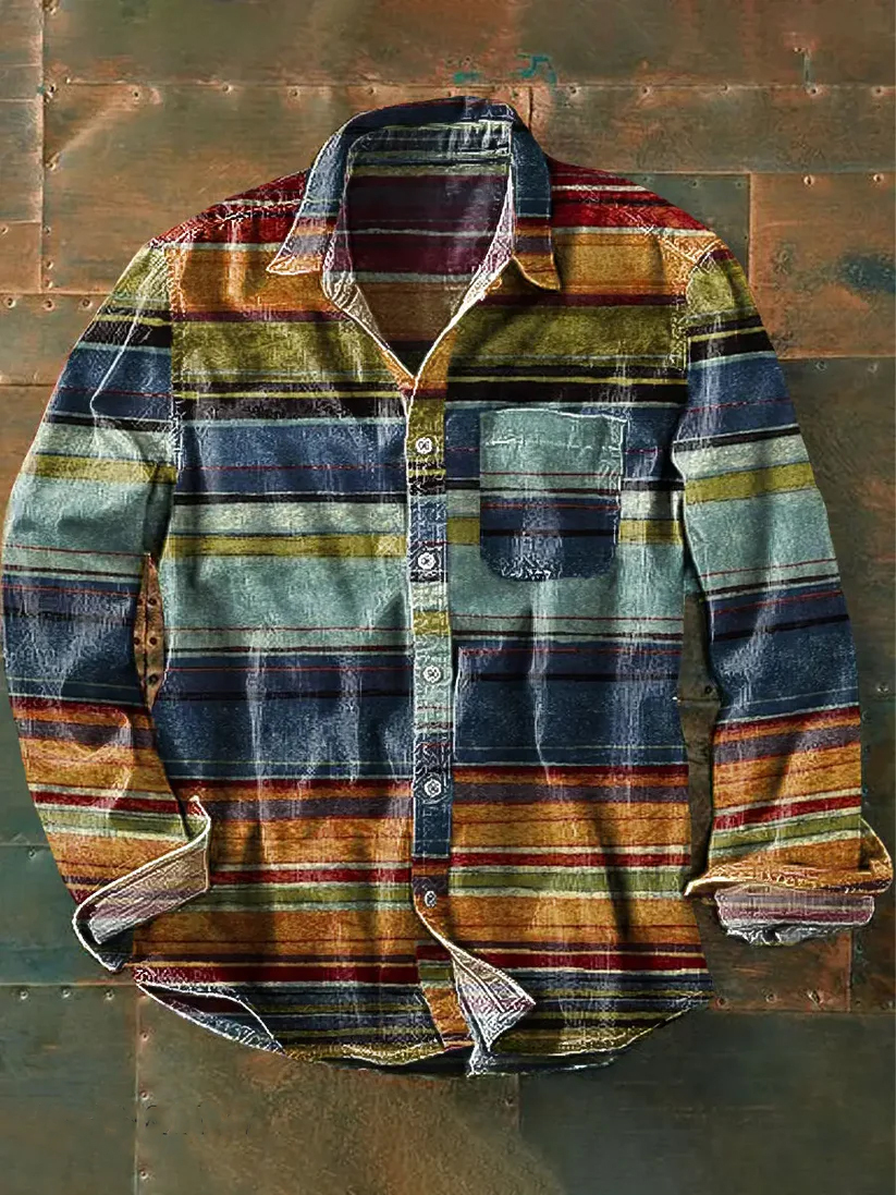 Vintage Multicolor Stripe Art Print Lapel Long Sleeve Pocket Shirt