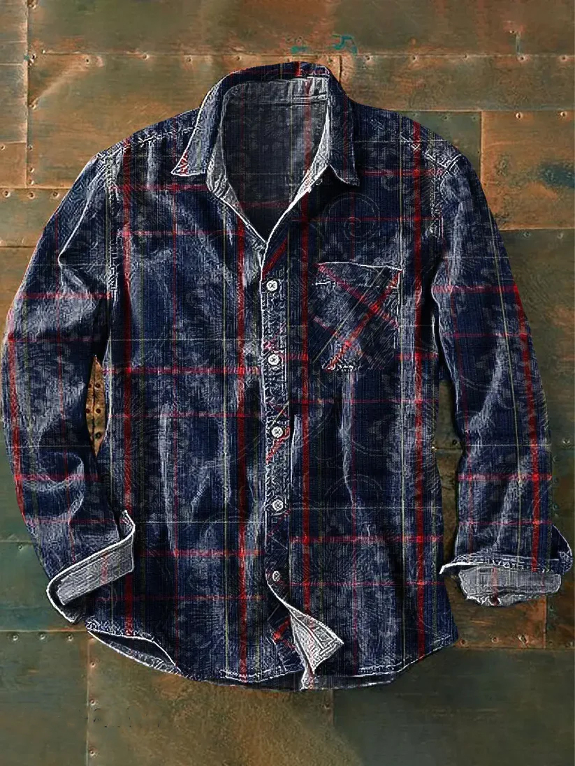 Vintage Plaid Art Print Lapel Long Sleeve Pocket Shirt