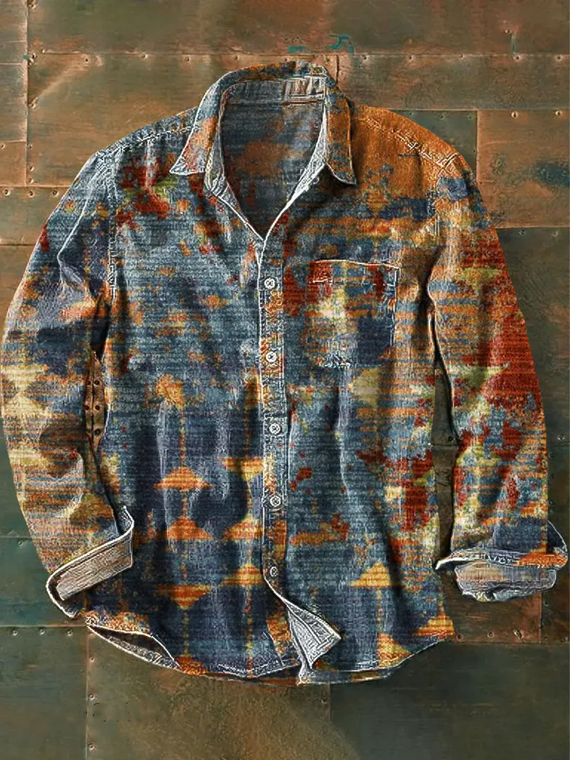 Vintage Gradient Geometric Art Print Lapel Long Sleeve Pocket Shirt