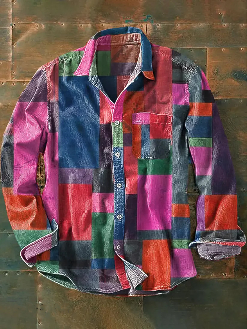 Vintage Color Block Patchwork Art Print Lapel Long Sleeve Pocket Shirt
