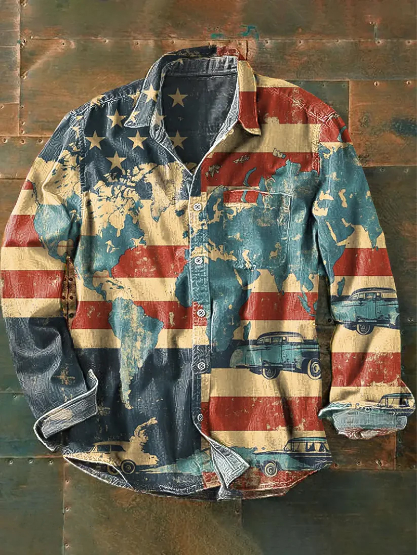 Vintage Map Red and Blue Stripe Printed Lapel Long Sleeve Pocket Shirt