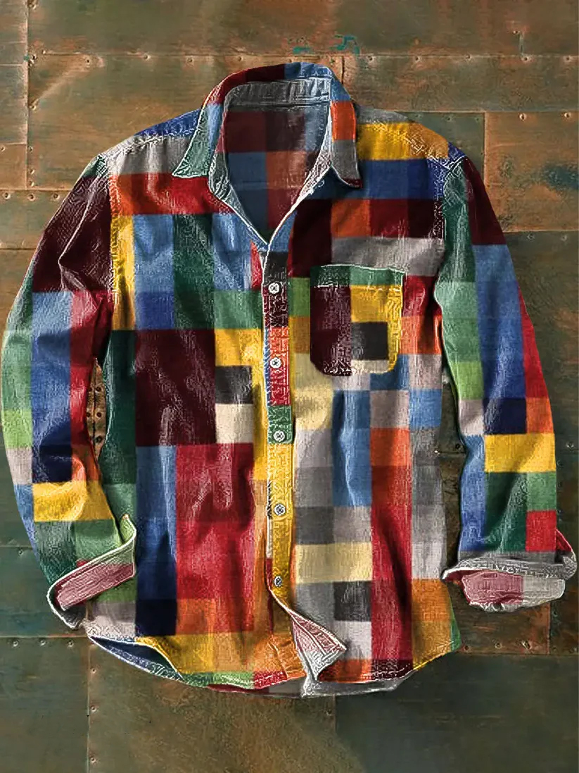 Unisex Simple Rainbow Color Plaid Vintage Printed Lapel Long Sleeve Pocket Shirt