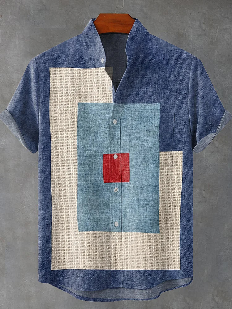 Blue Retro Minimalist Square Geometry Print Casual Shirt