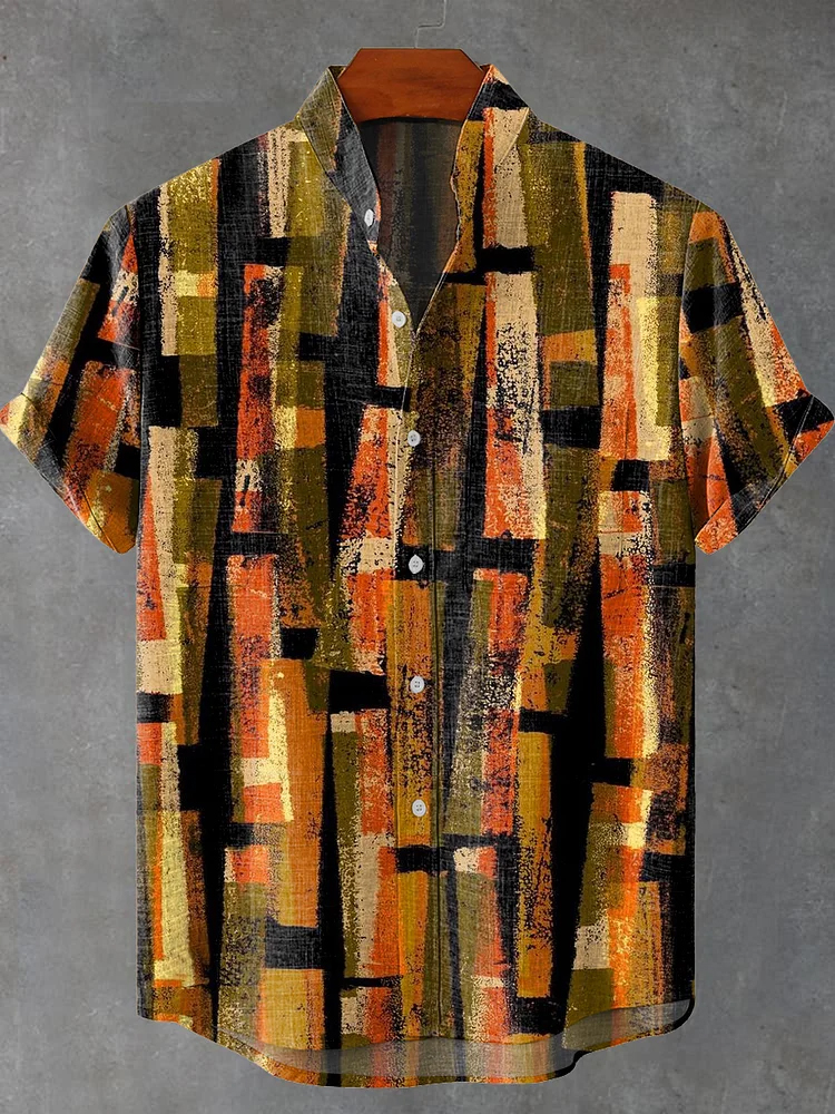Yellow Retro Geometric Stripes Print Casual Shirt