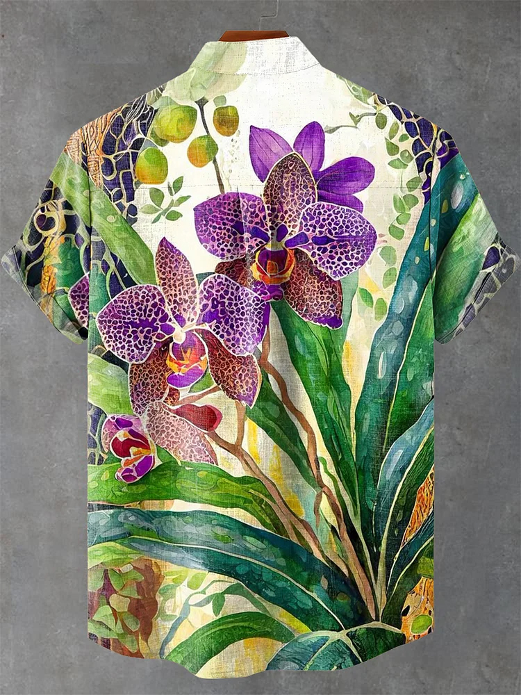 Vintage Purple Orchid Print Casual Shirt
