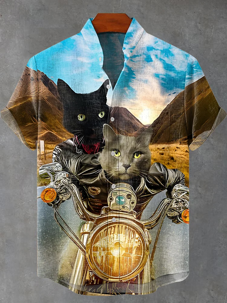Vintage Cat Motorcycle Fun Art Print Casual Shirt