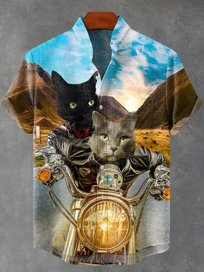 Vintage Cat Motorcycle Fun Art Print Casual Shirt