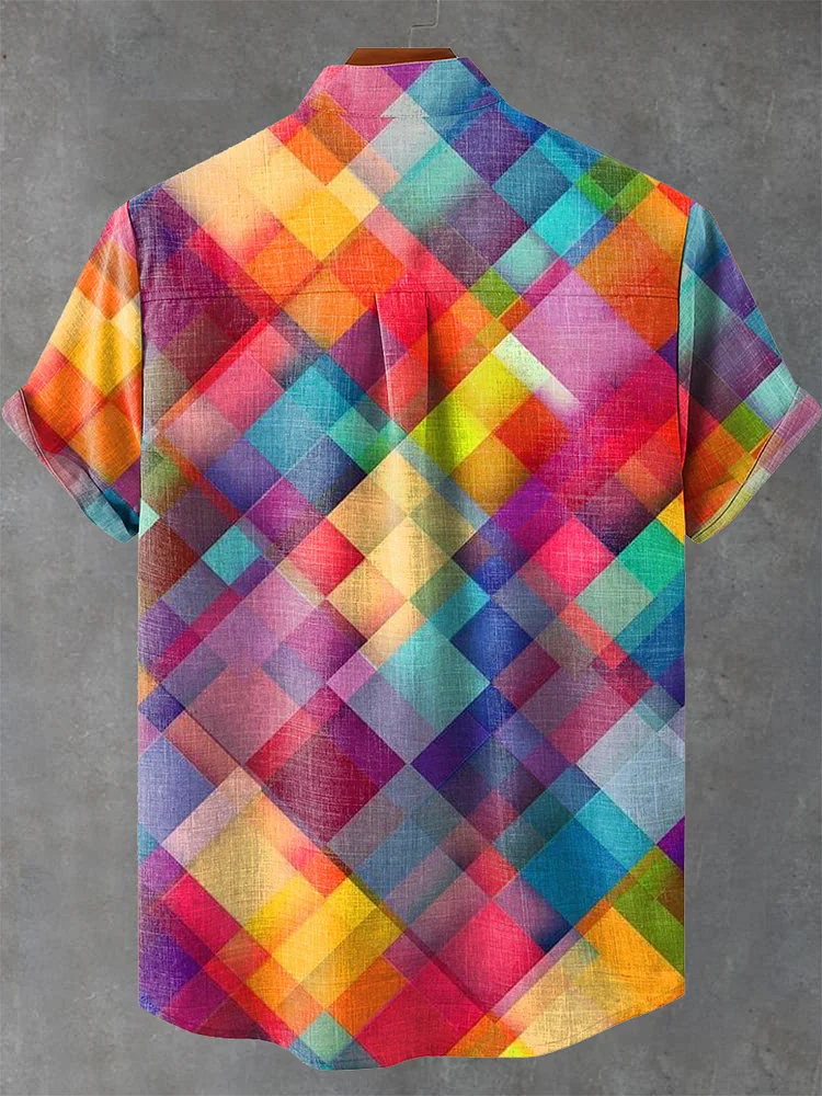 Colorful Retro Geometric Squares Print Casual Shirt