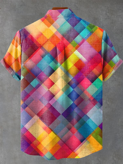 Colorful Retro Geometric Squares Print Casual Shirt