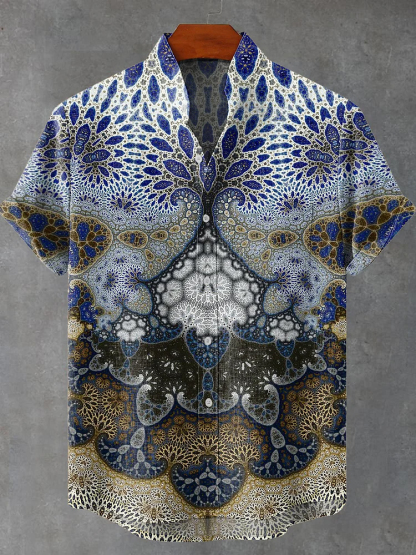 Ethnic Blue Symmetrical Pattern Print Casual Shirt