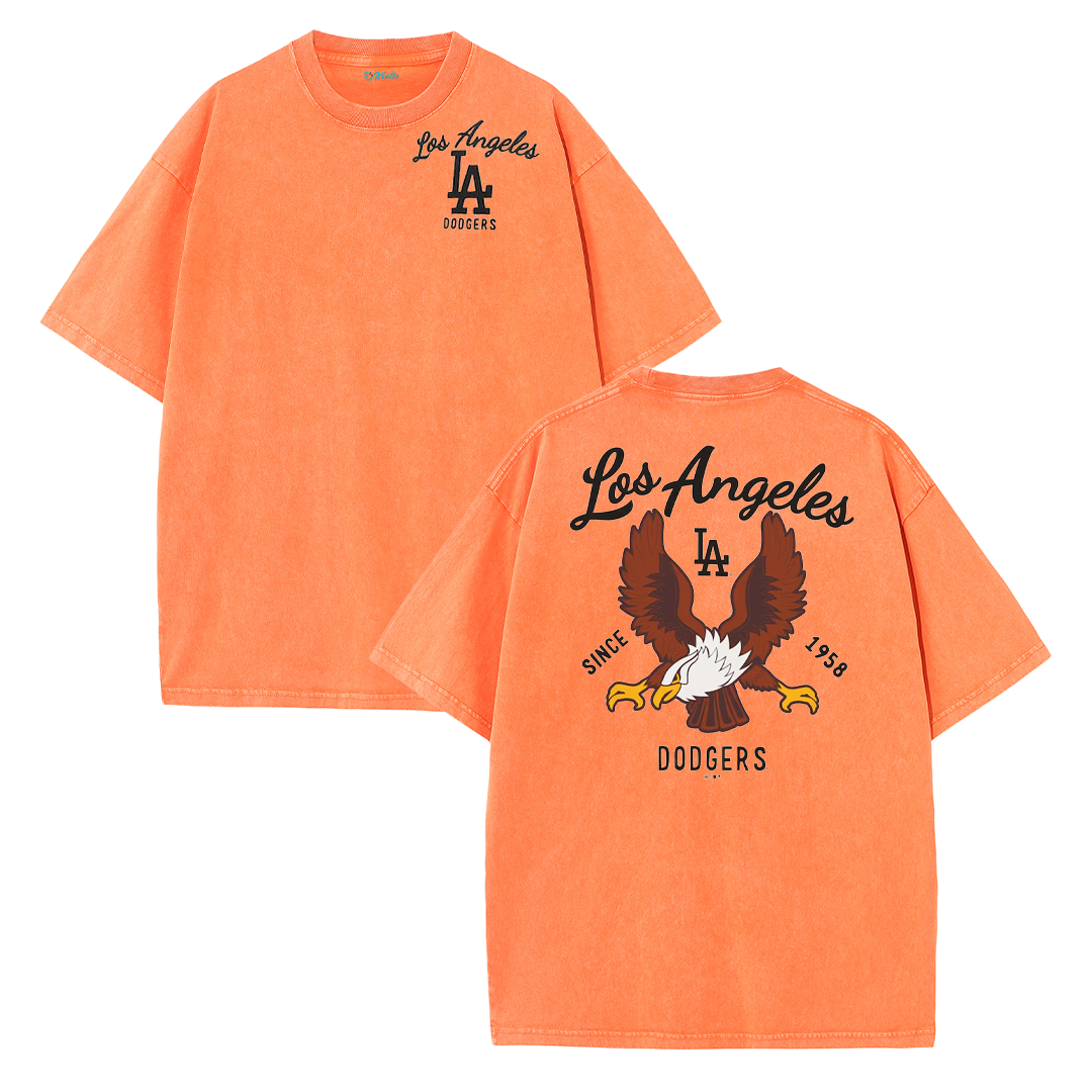 Los Angeles Script & Eagle Print Washed Tee – Retro LA Street Style T-Shirt