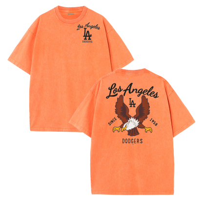 Los Angeles Script & Eagle Print Washed Tee – Retro LA Street Style T-Shirt