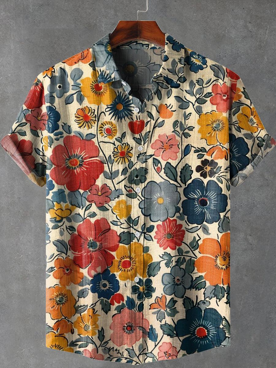 Retro Floral Print Short Sleeve Lapel Collar Shirt