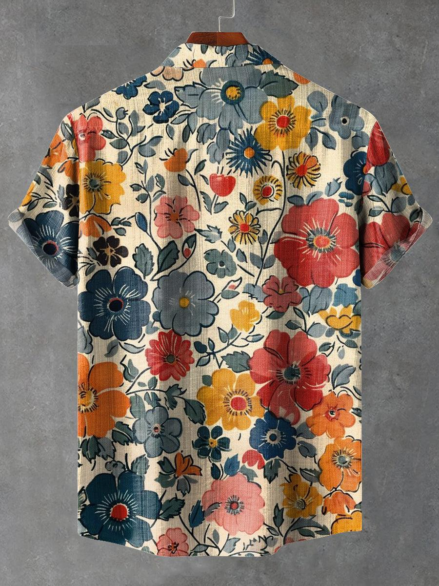 Retro Floral Print Short Sleeve Lapel Collar Shirt