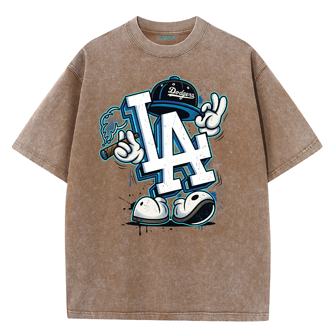 Retro LA Cartoon Graphic Tee – Washed Heavyweight Streetwear T-Shirt