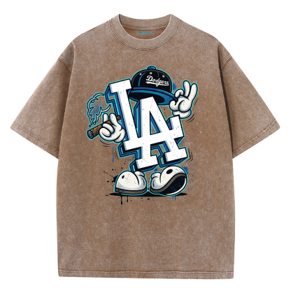 Retro LA Cartoon Graphic Tee – Washed Heavyweight Streetwear T-Shirt